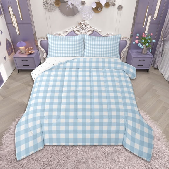 Homewish Blue Plaid Bedding Comforter Set, Geometric Buffalo Grid Twin Comforter Sets, Cute Checkered Bedding Set, Microfiber Bedroom Decor