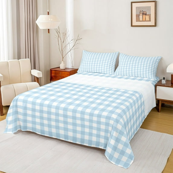Homewish Blue Plaid Twin Sheet Sets 3pcs, Geometric Buffalo Grid Twin Fitted Sheet, Cute Checkered Flat Sheet, Microfiber Bedroom Decor