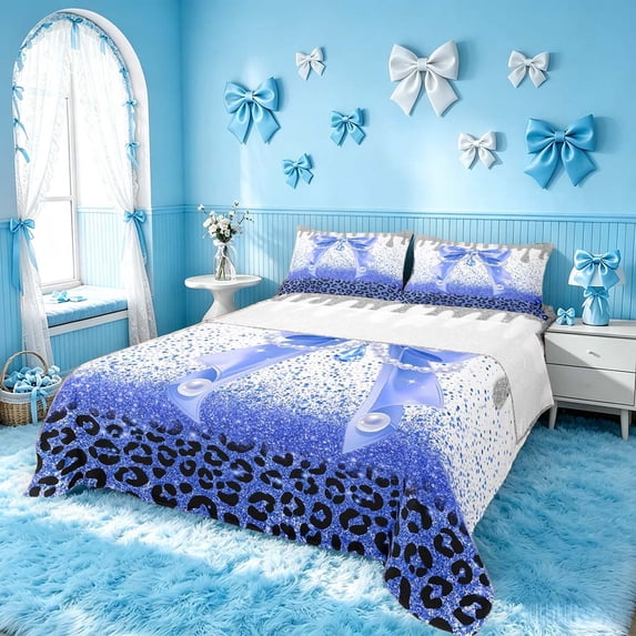 Homewish Blue Princess Bowknot Bed Sheets for Girls, Glitter Cheetah Print Full Size Sheets, 4-Piece (1 Flat Sheet, 1 Fitted Sheet and 2 Pillowcases)