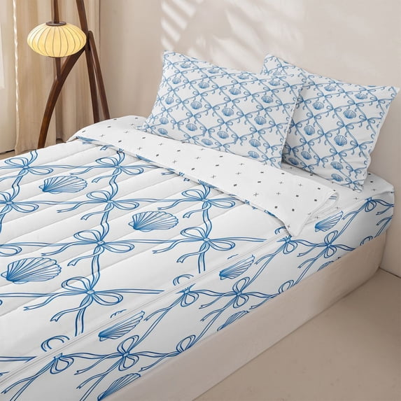 Homewish Blue Princess Bowknot Zipper Full Size Comforter Sets with Fitted Sheet and 2 Pillowcases for Kid, Ocean Seashell Zipper Bedding Set, Reversible, 4-Piece