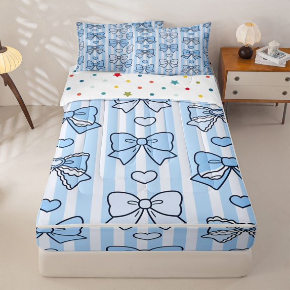 Homewish Blue Princess Bowtie Zipper Full Size Comforter Sets with Fitted Sheet and 2 Pillowcases For Kids Girls,Modern Geometric Stripes Lines Zipper Bedding Set,Reversible,4-Piece
