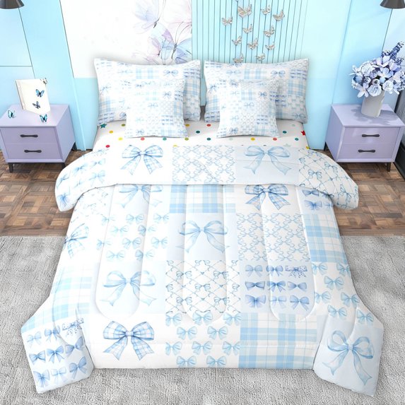 Homewish Blue Princess Ribbon Bedding Comforter Set 7 Pieces, Kawaii Cartoon Bow-tie Full Bedding Set, Teens Kids Girls Women Reversible Fitted Sheet Flat Sheet, Lightweight Room Decor