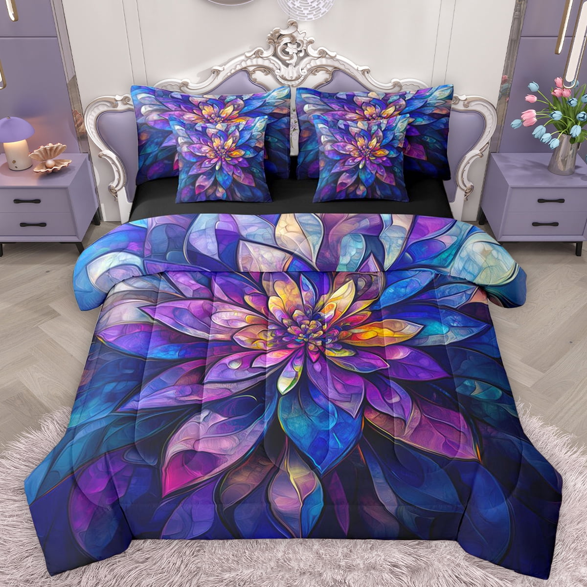 Homewish Blue Purple Flower Bedding Comforter Set 7 Pieces, Bohemian ...