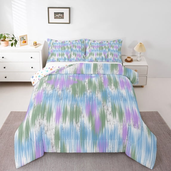 Homewish Blue Purple Gradient Full Size Comforter Sets,Classic Contemporary Bedding Comforter Set,Colorful Stars Reversible,3 Pieces,1 Comforter and 2 Pillowcases