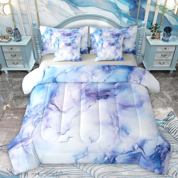 Homewish Blue Purple Marbling Bedding Comforter Set 7 Pieces for Women, Chic Abstract Ombre Full Bedding Set, Fashion Artwork Style Reversible Fitted Sheet Flat Sheet, Microfiber Bedroom Decor