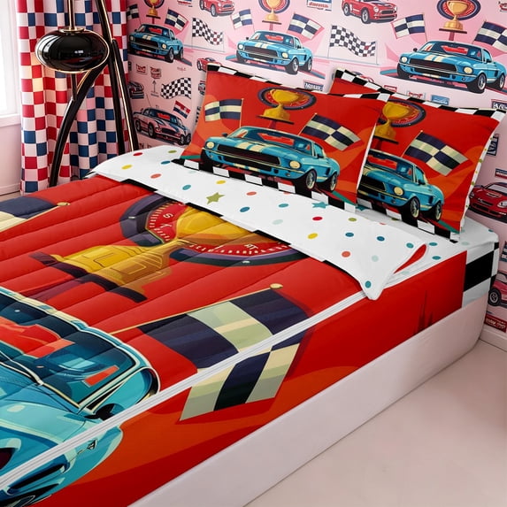 Homewish Blue Racing Car Zipper Twin Comforter Sets with Fitted Sheet and 2 Pillowcases for Boys,Extreme Sport Checkered Flag Zipper Bedding Set,4-Piece