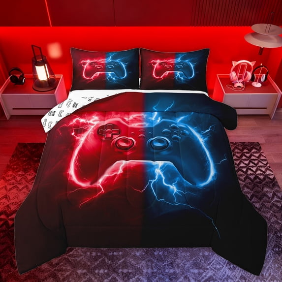 Homewish Blue Red Gamepad Bedding Comforter Set for Boys, Futuristic Game Console Twin Comforter Sets, Nature Lightning Reversible Bedding Set, Lightweight Room Decor, 2-Piece
