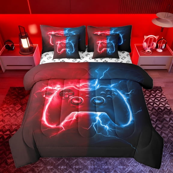 Homewish Blue Red Gamepad Twin Bedding Sets 7-Piece for Boys, Futuristic Game Console Bedding Comforter Set, Nature Lightning Reversible Sheet Sets, Lightweight Room Decor