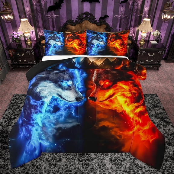 Homewish Blue Red Wolf Queen Comforter Set, Magic Rustic Animal Bedding Sets, Teens Kids Boys Girls Reversible Bedding Comforter Set, Lightweight Room Decor, 3pcs