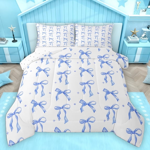 Homewish Blue Ribbon Bow Bedding Comforter Set 2pcs for Boys Girls,Stars Polka Dots Print Twin Comforter Sets Microfiber,Dreamy Princess Breathable Bedding Set,Lightweight Room Decor,Reversible