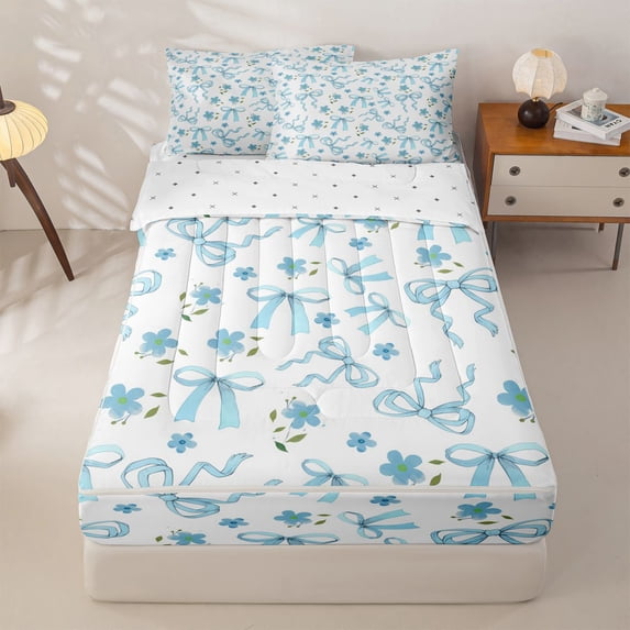 Homewish Blue Ribbon Bowknot Girls Zipper Full Size Comforter Sets with Fitted Sheet and 2 Pillowcases,Rustic Botanical Floral Zipper Bedding Set For Kids,Reversible,4 Pieces
