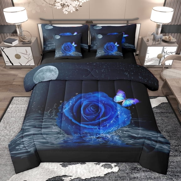 Homewish Blue Rose 7-Piece Twin Bedding Sets,Romantic Flower Bedding Comforter Set,Chic Butterfly Sheet Sets For Girls Kids,Breathable Home Decor Reversible