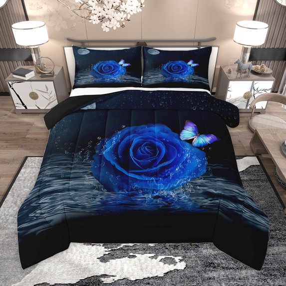 Homewish Blue Rose Bedding Comforter Set,Romantic Flower Twin Comforter Sets,Chic Butterfly Bedding Set For Girls Kids,Breathable Home Decor Reversible,2-Piece