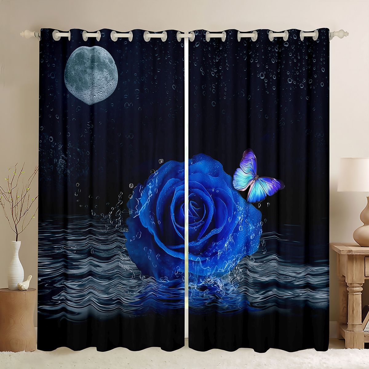 Homewish Blue Rose Blackout Curtains Set of 2 (52x84 Each