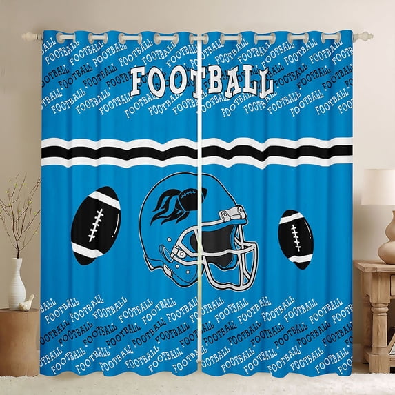 Homewish Blue Rugby Helmet Black Out Curtains for Boys, Est Sleep Sport Curtains Pack of 2 (42x63 Each), Cartoon Football Theme Bedroom Curtains, Black Out Curtains Room Decor