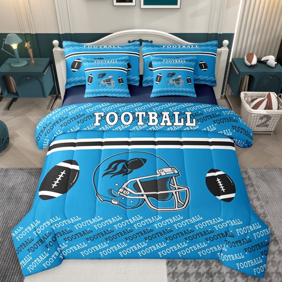 Homewish Blue Rugby Helmet Twin Bedding Sets 7-Piece for Boys, Est Sleep Sport Bedding Comforter Set, Cartoon Football Theme Reversible Sheet Sets, Lightweight Room Decor