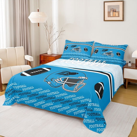 Homewish Blue Rugby Helmet Twin Sheet Sets for Boys, Est Sleep Sport Twin Fitted Sheet, Cartoon Football Theme Flat Sheet, Lightweight Room Decor, 3pcs