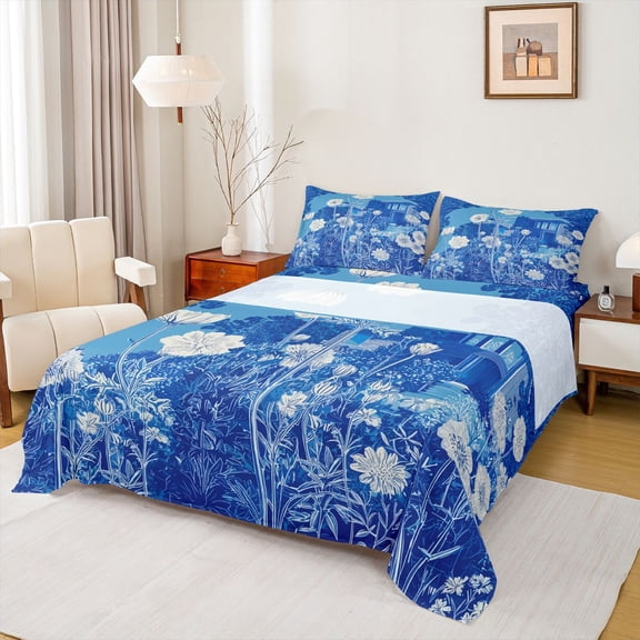 Homewish Blue Rustic Cabin Queen Sheet Sets, Groovy Flower Floral Flat Sheet, Western Countryside Queen Fitted Sheet, Luxury Bedroom Decor, 4pcs