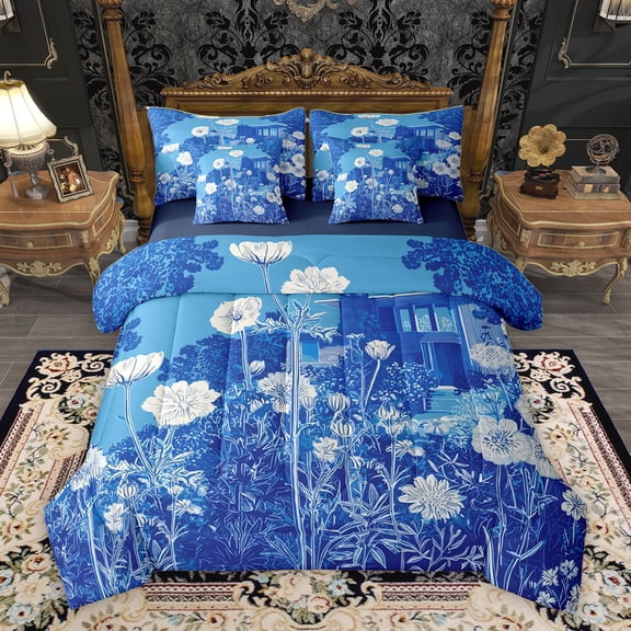 Homewish Blue Rustic Cabin Twin Bedding Sets 7-Piece, Groovy Flower Floral Bedding Comforter Set, Western Countryside Reversible Sheet Sets, Luxury Bedroom Decor