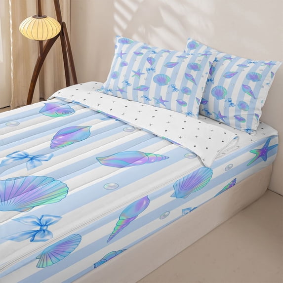 Homewish Blue Sealife Kids Zipper Full Size Comforter Sets with Fitted Sheet and 2 Pillowcases, Cute Marine Starfish Zipper Bedding Set, Reversible, 4 Pieces