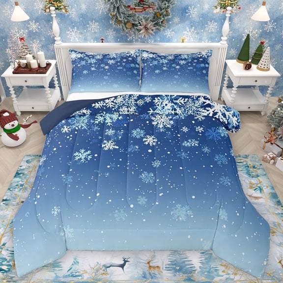 Homewish Blue Snowflake Child Bedding Comforter Set, Romantic Winter Christmas Twin Comforter Sets, Happy New Tear Reversible Bedding Set, Super Cozy Room Decor, 2-Piece