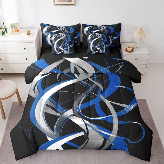 Homewish Blue Spiral Circle 7-Piece King Bedding,Modern Abstract King Bed in a Bag,Black Reversible