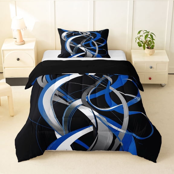 Homewish Blue Spiral Circle Twin Comforter Sets,Modern Abstract Bedding Set,Black Reversible,2 Pieces,1 Comforter and 1 Pillowcase
