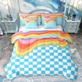 thumbnail image 1 of Homewish Blue Square Buffalo Twin Bedding Sets 7-Piece for Kids, Kawaii Rainbow Line Bedding Comforter Set, Cute Cartoon Checkered Reversible Sheet Sets, Lightweight Room Decor, 1 of 7