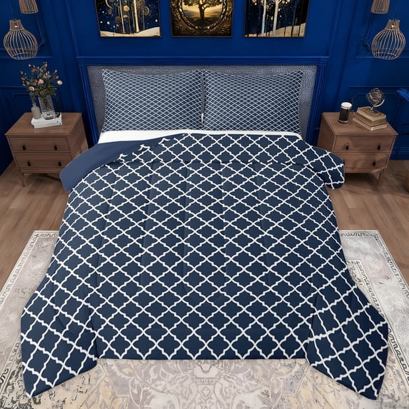 Homewish Blue Stripes Abstract Queen Comforter Set for Teen, Modern Fashion Buffalo Bedding Sets, Chic Bow-tie Reversible Bedding Comforter Set, Microfiber Bedroom Decor, 3 Pieces