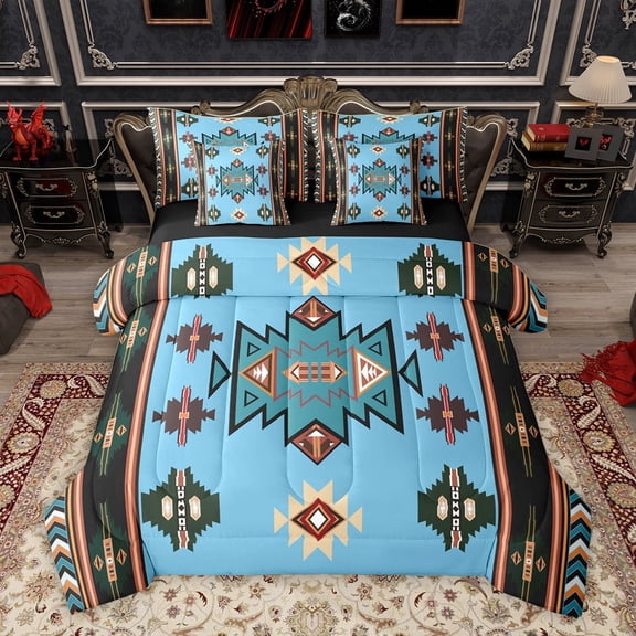 Homewish Blue Tribal Aztec Bedding Comforter Set 7pcs for Adult, Bohemian Triangle Abstract King Bedding Sets, Southwestern Reversible Bed Sheets, Breathable Home Decor