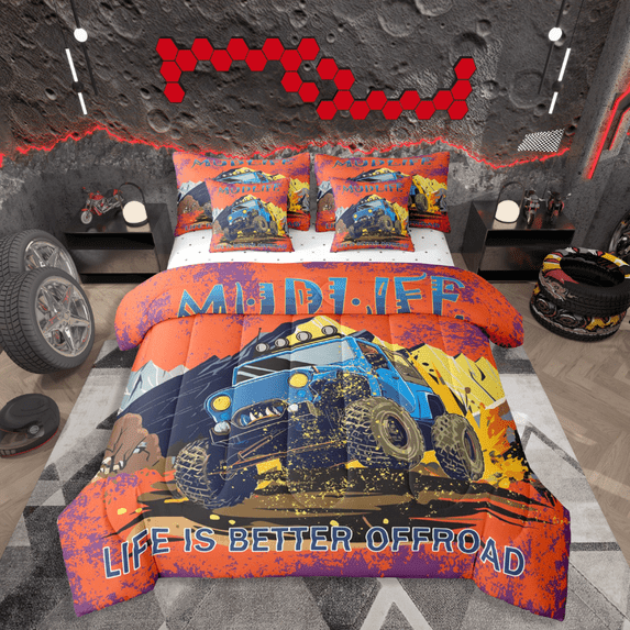 Homewish Blue Truck 7-Piece Twin Bedding Sets for Teens Boys,Car Theme Bedding Comforter Set,Graffiti Splash Breathable Sheet Sets,Super Cozy Room Decor,Reversible