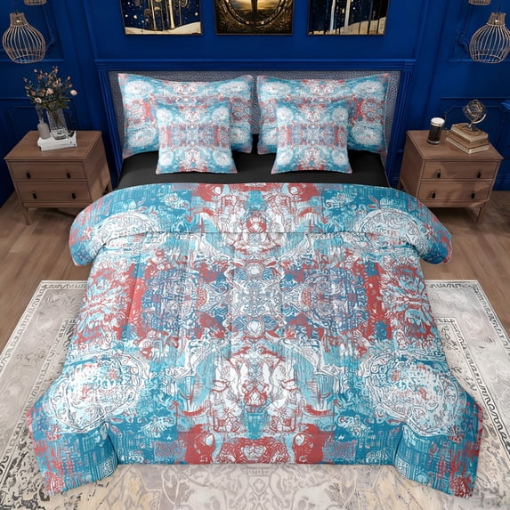 Homewish Blue Vintage Graffiti Bedding Comforter Set 7 Pieces, Fashion Artwork Full Bedding Set, Western Bohemian Style Reversible Fitted Sheet Flat Sheet, Super Cozy Room Decor
