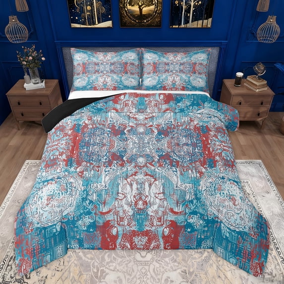 Homewish Blue Vintage Graffiti Full Size Comforter Sets, Fashion Artwork Bedding Comforter Set, Western Bohemian Style Reversible Bedding Sets, Super Cozy Room Decor, 3pcs