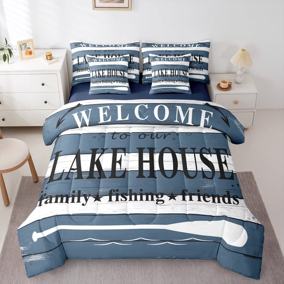 Homewish Blue White Lodge Cabin Bedding Comforter Set 7-Piece, Enjoy Farm Life King Bedding Sets, Teens Kids Adult Men Reversible Bed Sheets, Luxury Bedroom Decor