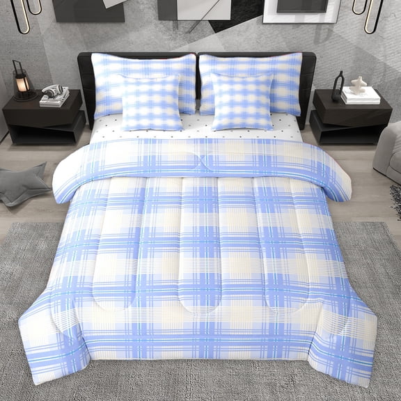Homewish Blue White Striped 7-Piece Bedding Comforter Set,Modern Geometric Checkered King Bedding Sets,Modern Minimalist Artistic Bed Sheets For Girls Boys,Microfiber Bedroom Decor Reversible