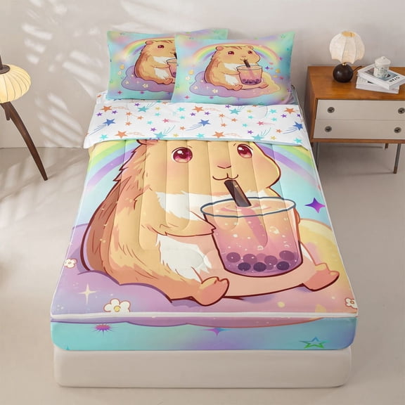 Homewish Boba Capybara Zipper Twin Comforter Sets with Fitted Sheet and 2 Pillowcases for Kids, Galaxy Rainbow Zipper Bedding Set, Blue, Stars Reversible, 4-Piece