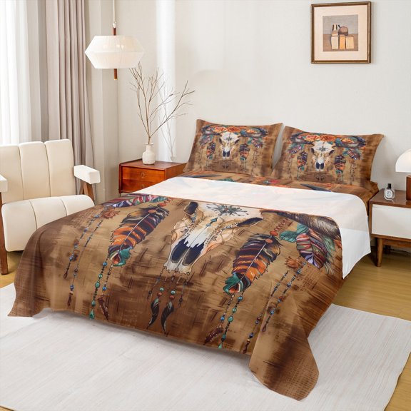 Homewish Bohemain Bull Skull Bed Sheets,Rustic Farmhouse Cabin King Sheets,Rustic Western Cowboy Sheet Set For Kids,Microfiber Bedroom Decor,4pcs