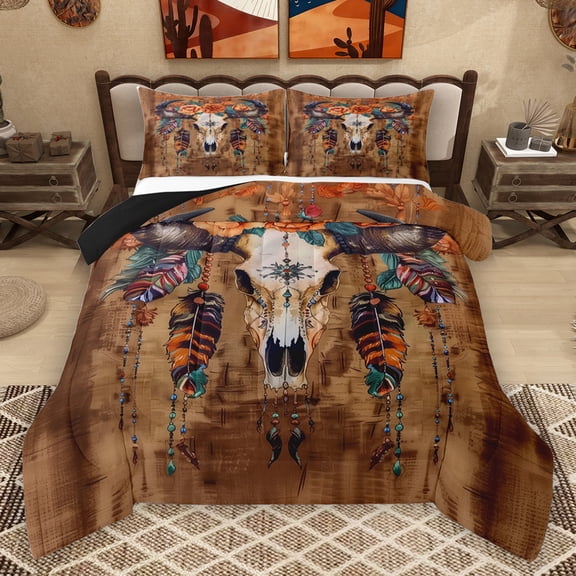 Homewish Bohemain Bull Skull Bedding Comforter Set,Rustic Farmhouse Cabin Twin Comforter Sets,Rustic Western Cowboy Bedding Set For Kids,Microfiber Bedroom Decor Reversible,2pcs