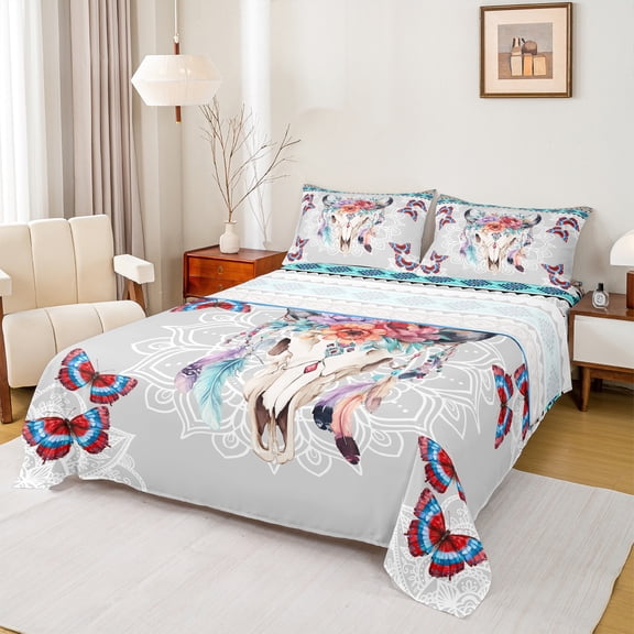 Homewish Bohemain Bull Skull Twin Sheet Sets,Rustic Farmhouse Cabin Twin Fitted Sheet,Colorful Butterflies Vintage Aztec 03 For Kids,Microfiber Bedroom Decor,3 Pieces
