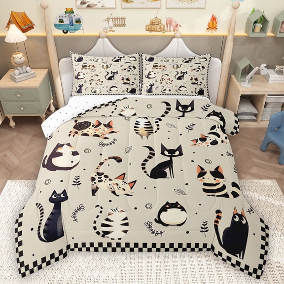 Homewish Bohemain Cat Kitten Queen Comforter Set,Boho Style Bedding Sets,Brown Black Bedding Comforter Set For Kids,Luxury Bedroom Decor Reversible,3-Piece