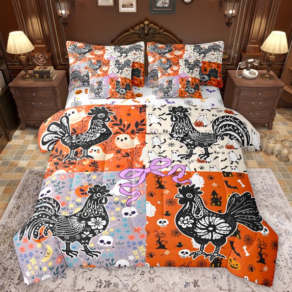 Homewish Bohemain Chicken 7-Piece Twin Bedding Sets,Boho Flower Bedding Comforter Set,Spooky Gothic Skull Sheet Sets For Teens,Microfiber Bedroom Decor Reversible