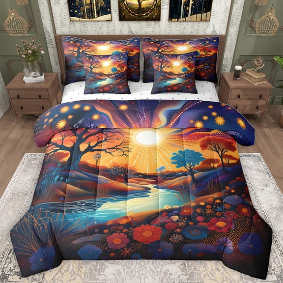 Homewish Bohemain Flower Floral 7-Piece Twin Bedding Sets,Natural Scenery Bedding Comforter Set,Orange Sunset Sheet Sets For Men Women,Microfiber Bedroom Decor Reversible