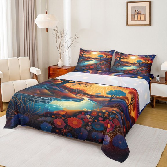 Homewish Bohemain Flower Floral Queen Sheet Sets,Natural Scenery Flat Sheet,Orange Sunset Queen Fitted Sheet For Men Women,Microfiber Bedroom Decor,4 Pieces