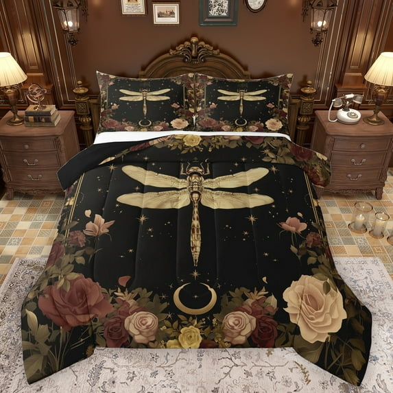 Homewish Bohemain Gold Dragon Queen Comforter Set,Retro Rustic Flower Bedding Sets,Natural Plant Bedding Comforter Set For Teens,Luxury Bedroom Decor Reversible,3-Piece