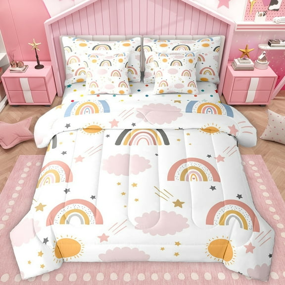 Homewish Bohemain Rainbow 7-Piece Twin Bedding Sets,Cute Coulds Sun Pattern Bedding Comforter Set,Pink White Orange Sheet Sets For Girls Kids,Super Cozy Room Decor Reversible