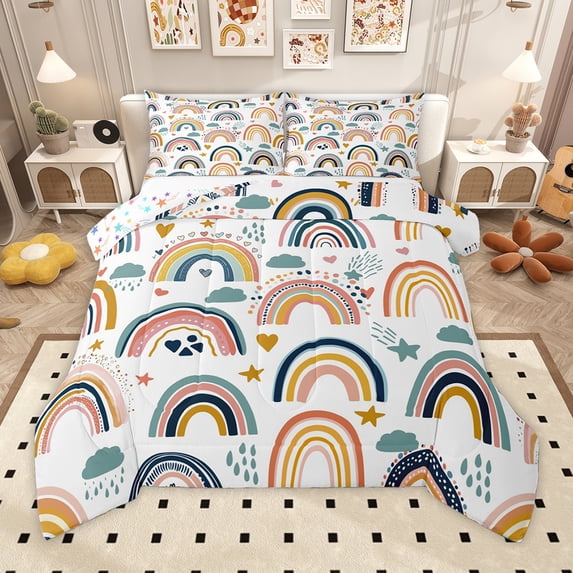 Homewish Bohemain Rainbow Bedding Comforter Set,Colorful Loves Stars Twin Comforter Sets,Boho Theme Bedding Set For Girls,Super Cozy Room Decor Reversible,2pcs