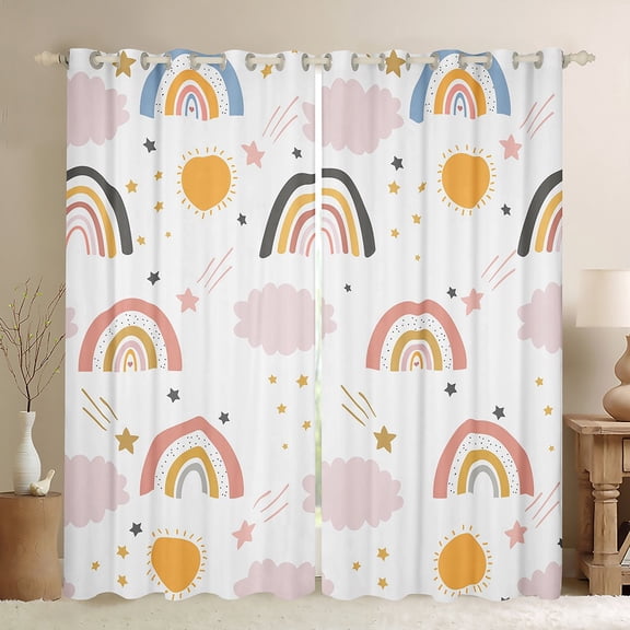 Homewish Bohemain Rainbow Curtains Pack of 2 (42x84 Each),Cute Coulds Sun Pattern Curtains Blackout,Pink White Orange Bedroom Curtains For Girls Kids,Super Cozy Room Decor
