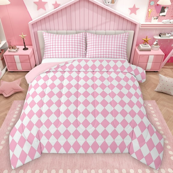 Homewish Bohemain Rhombus Print Bedding Comforter Set,Minimalsim Geometric Aesthetic Twin Comforter Sets,Pink White Bedding Set For Girls Teens,Breathable Home Decor Reversible,2-Piece