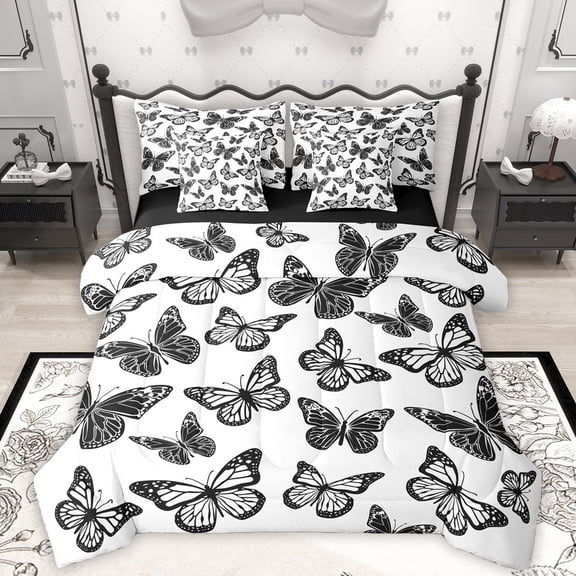 Homewish Bohemain Style Butterflies 7-Piece Bedding Comforter Set,Boho Theme King Bedding Sets,White Black Bed Sheets For Girl Teens,Breathable Home Decor Reversible