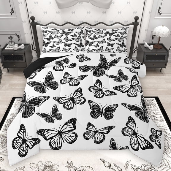 Homewish Bohemain Style Butterflies Queen Comforter Set,Boho Theme Bedding Sets,White Black Bedding Comforter Set For Girl Teens,Breathable Home Decor Reversible,3pcs